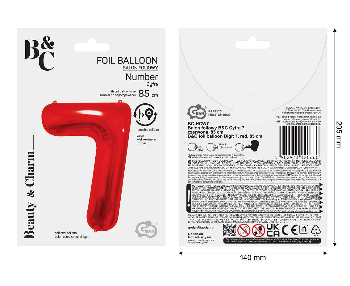 Foil balloon number 7, red, 85 cm